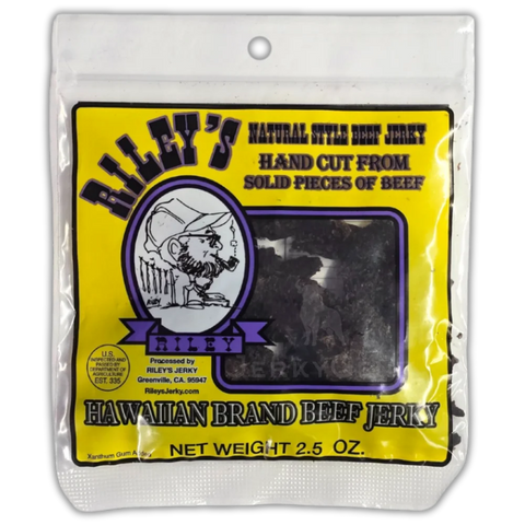 Riley's Jerky Hawaiian – a tropical-inspired blend of sweet and savory flavors, made from hand-cut beef, packed in a bright yellow and purple bag.