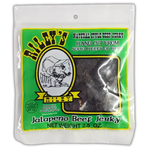 Riley's Jerky Jalapeño – fiery heat with a smoky kick, crafted from hand-cut beef slices and packed in a green and yellow bag.