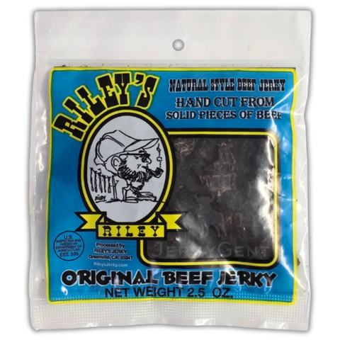 Riley's Jerky Original – traditional, no-frills, smoky and savory hand-cut beef jerky in a blue and yellow package for a classic jerky experience.