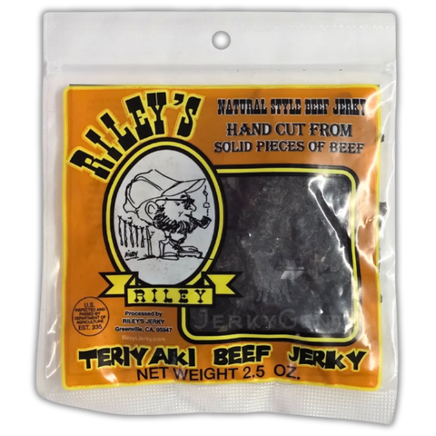 Riley's Jerky Teriyaki – a rich, umami-packed beef jerky infused with sweet soy and garlic, made from hand-cut beef and sealed in an orange and yellow bag.