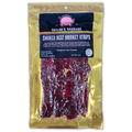 Taylor's Sausage Smoked Beef Brisket Strips – tender, smoky beef brisket jerky. Vacuum-sealed in gold packaging with a clear window showcasing the rich, flavorful jerky.