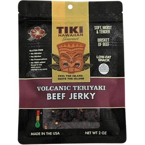 Tiki Hawaiian Gourmet Volcanic Teriyaki Beef Jerky, featuring its Hawaiian-inspired marinade and deep smoky-sweet color.