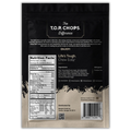 Back of T.O.P. Chops Original Beef Jerky bag showing nutrition facts, ingredients, allergen info, and brand story emphasizing tender, marinated jerky made in the USA.