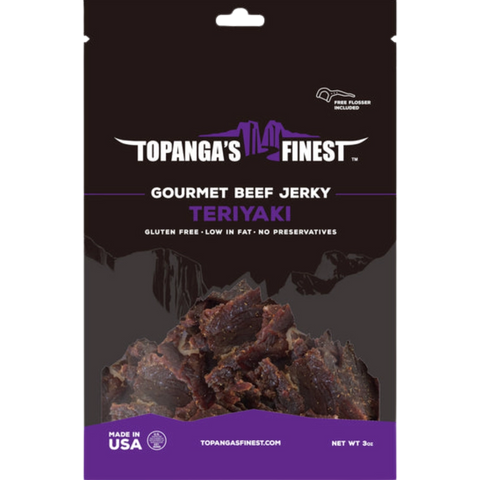 Topanga's Finest Teriyaki Beef Jerky, tender texture and rich, balanced teriyaki glaze.