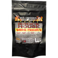 Brock House BBQ Peach smoked peaches beef jerky in a black bag with a logo with realistic fire and also cartoon peaches on it