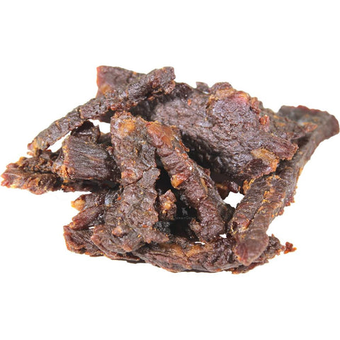 Chudabeef close up shot of Garliyaki beef jerky - premium jerky strips