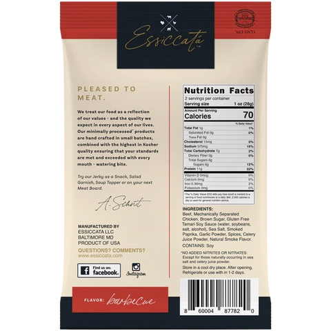 Essiccata Extra Tender Kosher Beef Jerky BBQ Back of Package Nutrition Facts