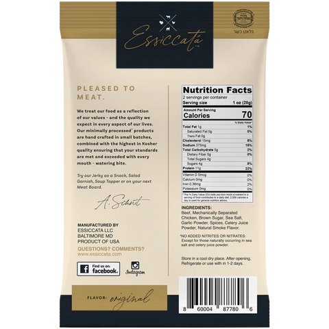 Essiccata Extra Tender Kosher Beef Jerky Original Back of Package Nutrition Facts