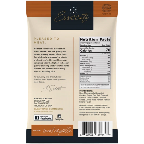 Essiccata Extra Tender Kosher Beef Jerky Sweet Chipotle Back of Package Nutrition Facts