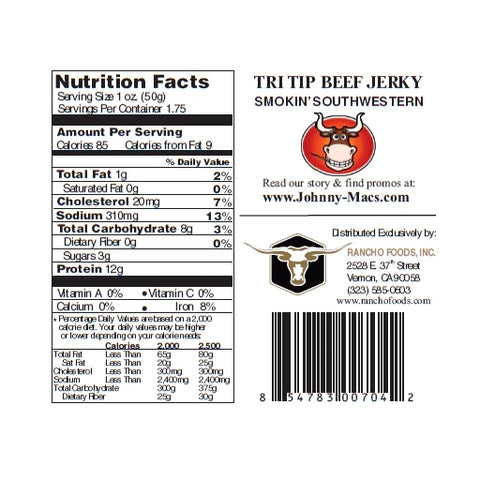 Johnny Mac's Smokin' Southwester Tri-Tip Beef Jerky Back of Package Nutrition Facts