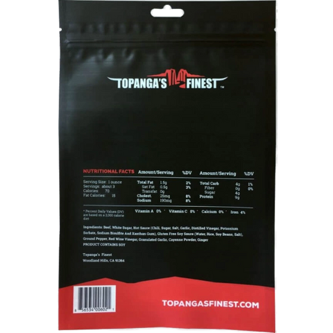 Topanga's Finest Gourmet Beef Jerky Spicy Sriracha Back of Package Nutrition Facts