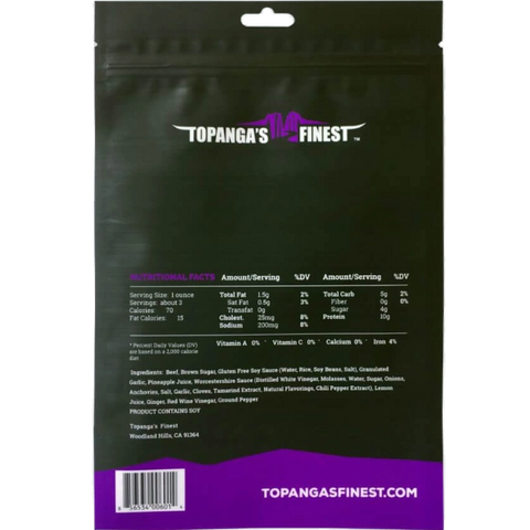 Topanga's Finest Gourmet Beef Jerky Teriyaki Flavor Back of Package Nutrition Facts