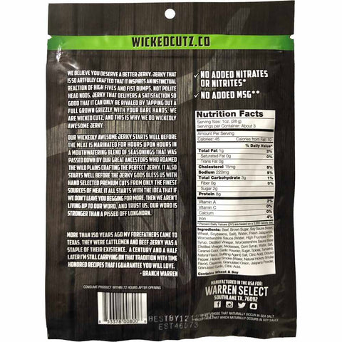 Wicked Cutz Beef Jerky Back Of Package Nutrition Fact Volcanic Jalapeno