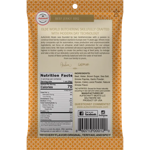 Aufschnitt BBQ Beef Jerky All Natural Kosher Back of Package Nutrition Facts