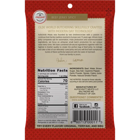 Aufschnitt Spicy Beef Jerky Back of Package Nutritional Facts