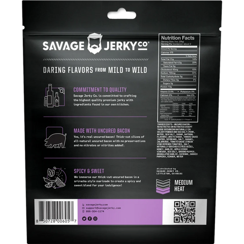 Savage Jerky Co Chili Pepper Bacon Jerky Back of Package Nutrition Facts