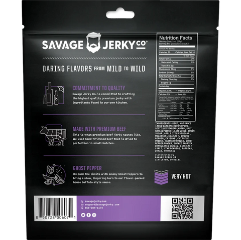 Savage Jerky Co Ghost Pepper Buffalo Sauce Craft Jerky Back of Package Nutrition Facts