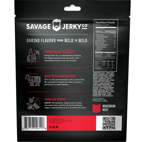 Savage Jerky Carolina Reaper Extra Hot Super Spicy Beef Jerky Back of Package Nutrition Facts
