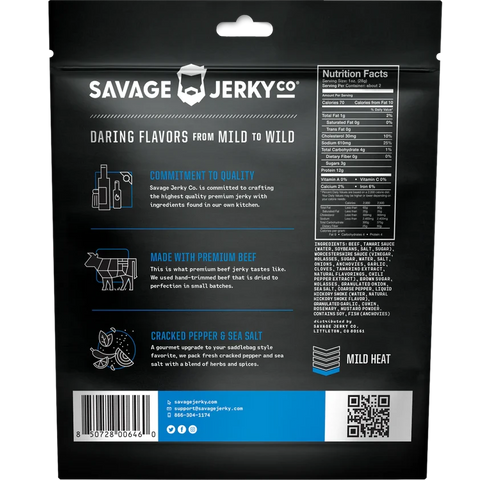 Savage Jerky Cracked Pepper and Sea Salt Beef Jerky Back of Package Nutrition Facts